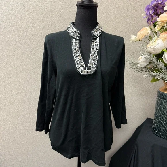 Rafaella Black Beaded Split Neck Tunic Top L Embellished 3/4 Sleeve Blouse - Picture 1 of 7